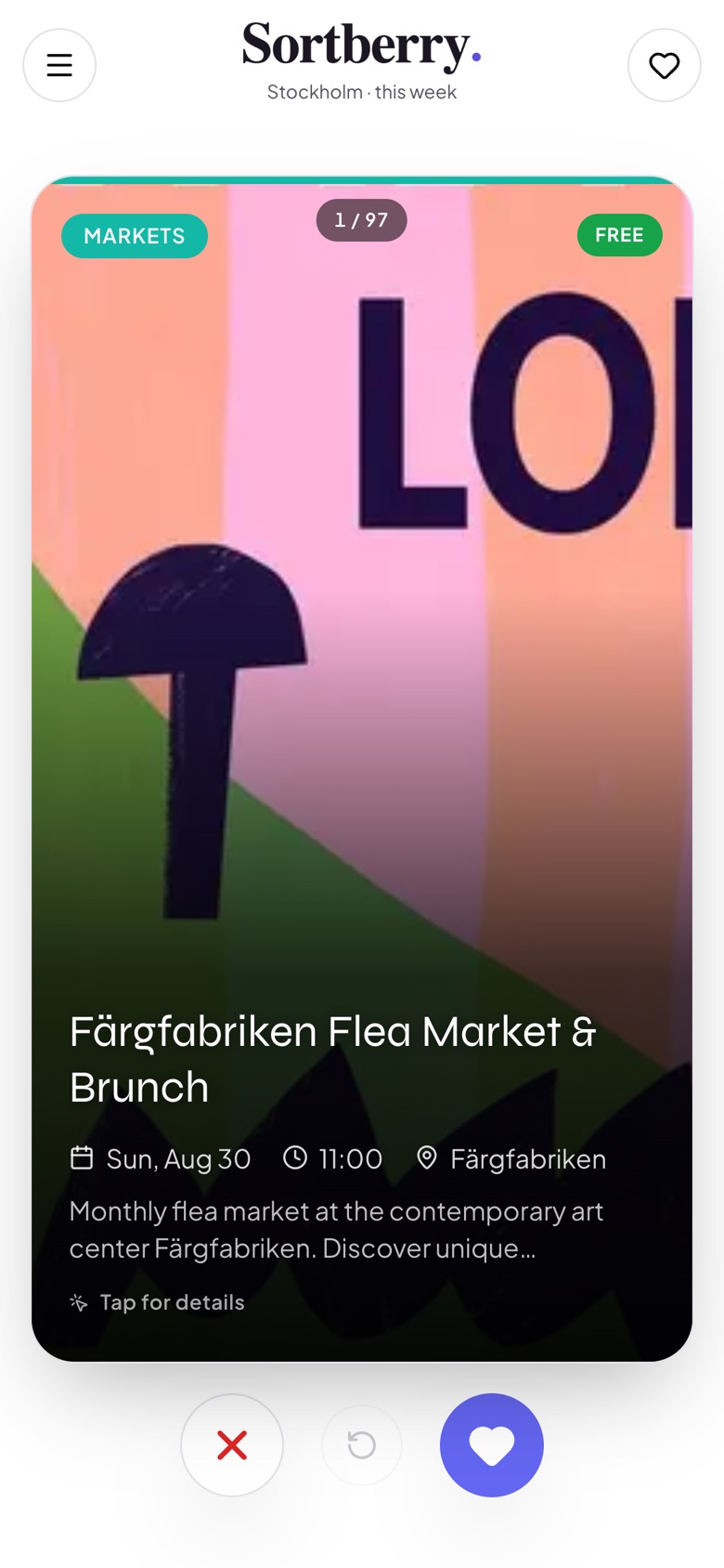 A Sortberry event card: Färgfabriken Flea Market & Brunch, Sunday 11:00