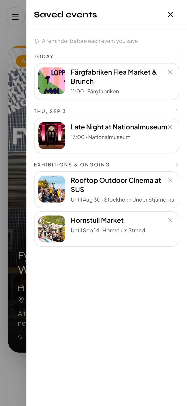 The saved events list with three events grouped by day